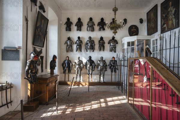 The armoury with knights' armour and hand weapons in the historic Meersburg Castle, museum, place of interest, Lake Constance, Lake Constance district, Baden-Württemberg, Germany, Europe