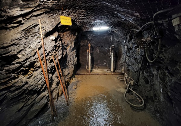 Mechanical drilling with a hammer drill in the Rammelsberg visitor mine, UNESCO World Heritage Site, Goslar, Lower Saxony, Germany, Europe