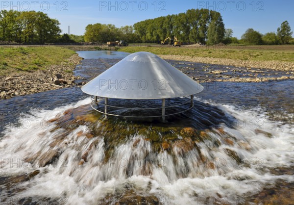 Haltern, North Rhine-Westphalia, Germany, flood protection on the River Lippe. Groundwater from the foreland is channelled into the Lippe via three spillways and then via the newly designed Gecksbach stream. Flood protection in the Haltern-Lippramsdorf-Marl area (HaLiMa) by relocating the dyke and thus extending the floodplain, Europe