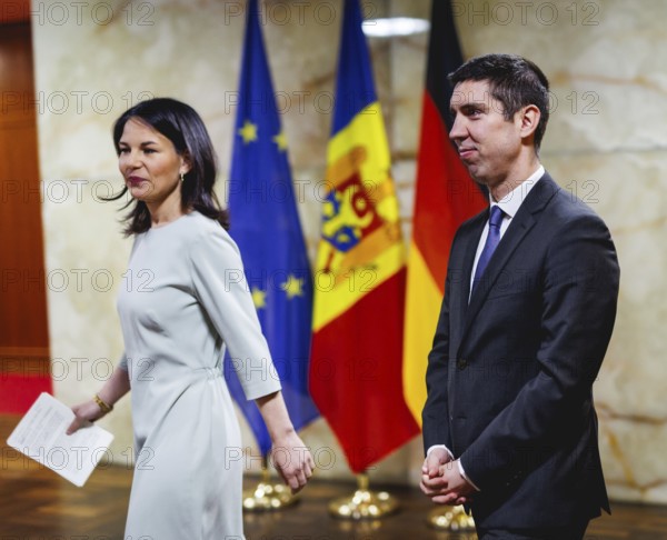 (L-R) Annalena Bärbock, Federal Minister for Foreign Affairs, meets Mihai Popsoi, Foreign Minister of the Republic of Moldova, for talks at the Federal Foreign Office. Taken during a joint press conference in Berlin, 09.04.2024. Photographed on behalf of the Federal Foreign Office'