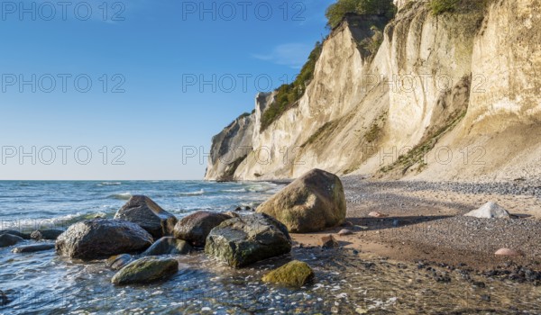 Beach with boulders at the chalk cliffs of Møns Klint on the Baltic Sea, Møn Island, Denmark, Europe