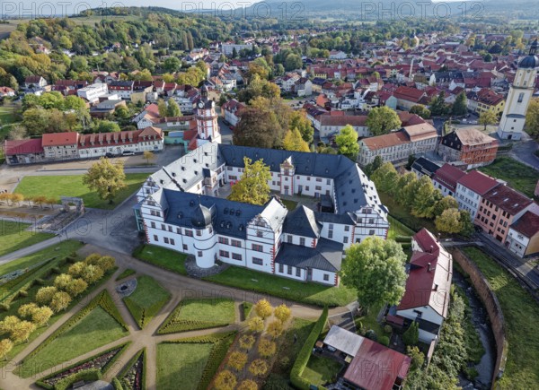 Aerial view of Ehrenstein Castle, a well-preserved Renaissance castle, with castle garden. Ohrdruf, Thuringia, Germany, Europe