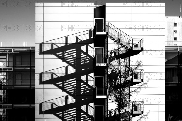 External staircases with shadows cast by a modern office building, Erlangen, Middle Franconia, Bavaria, Germany, Europe