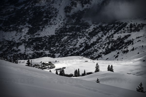 Mountain valley with light and shade in winter, Baad, Vorarlberg, Austria, Europe