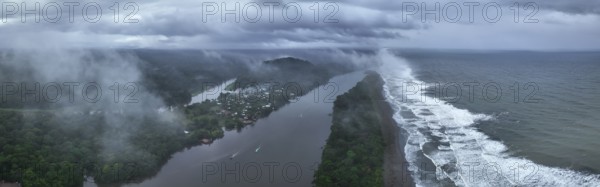 Aerial view, beach and sea, coast with rainforest, Tortuguero National Park, Costa Rica, Central America