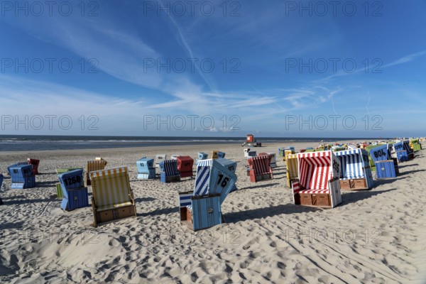 North Sea island of Langeoog, early summer, shortly after the first easing of the lockdown in the Corona crisis, still quite few tourists on the beach, beach chairs, Lower Saxony, Germany, Europe