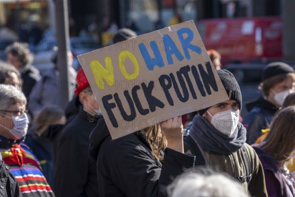 Peace demonstration against the war in Ukraine, instead of the Rose Monday parade in Cologne, with over 250, 000 participants, in the city centre, with many carnivalists, North Rhine-Westphalia, Germany, Europe