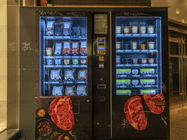 Barbecue food vending machine, food vending machines, fresh eggs, meat, sausages, sauces, various food for barbecuing, Wildekiste, egg crate, in Münster, North Rhine-Westphalia, Germany, Europe