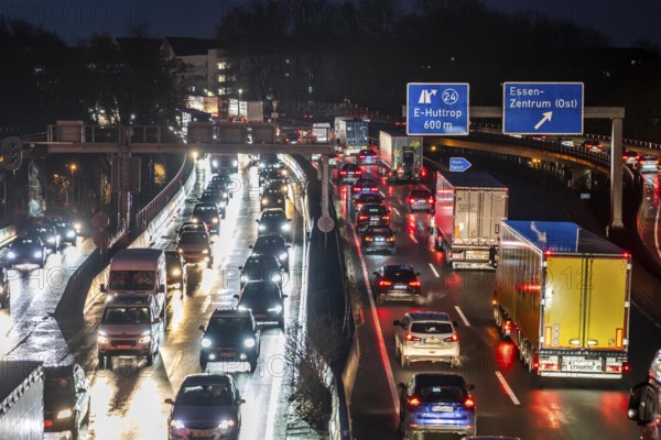 Evening traffic jam on the A40 motorway, Essen-Huttrop junction, traffic jam in both directions, North Rhine-Westphalia, Germany, Europe