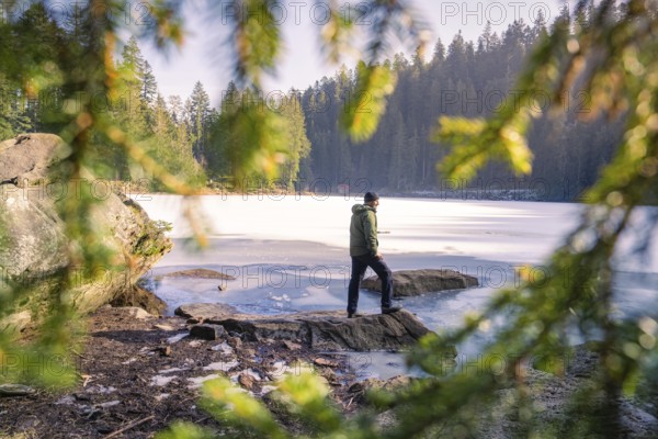 Man photographed through branches at the frozen lake, surrounded by forest and rocks, Glaswaldsee, Bad Rippoldsau-Schapbach, district of Wolfach, Black Forest, Germany, Europe