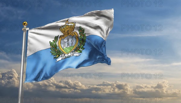 Flags, the national flag of San Marino flutters in the wind