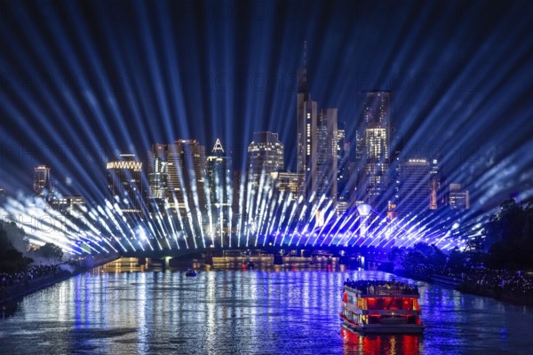 A spectacular light show at the Flößerbrücke in Frankfurt am Main puts spectators in the mood for the start of the 2024 European Football Championship, which will take place from 14 June to 14 July 2024, Frankfurt am Main, Hesse, Germany, Europe