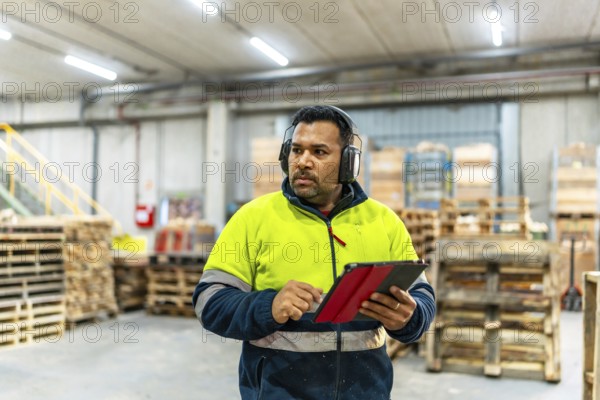 Man worker using digital tablet in the carpentry area of a recycling plant