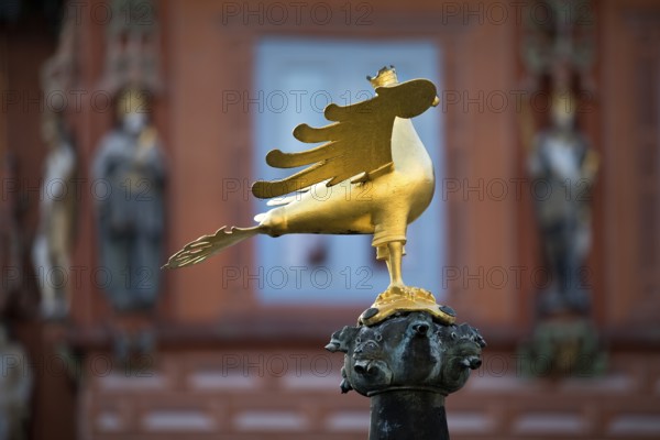 Gilded imperial eagle as a fountain eagle on the market fountain in front of the Kaiserworth guildhall, Old Town, Goslar, UNESCO World Heritage Site, Lower Saxony, Germany, Europe