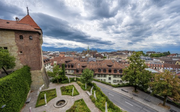 Ancien évêché de Lausanne, historic residence of the Bishop of Lausanne, today city museum, view over Lausanne, historic old town, Lausanne, Vaud, Switzerland, Europe
