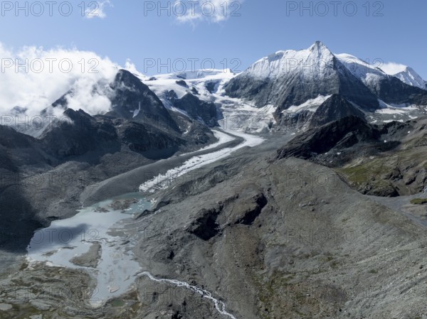 Aerial view, Alpine panorama, mountain landscape with glacier tongue and glacier lake, Glacier de Cheilon and summit Mont Blanc de Cheilon, Valais, Western Alps, Switzerland, Europe