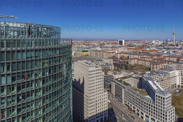 Berlin from above, the view from Panoramapunkt Berlin on Potsdamer Platz towards the railway tower, Berlin, Germany, Europe