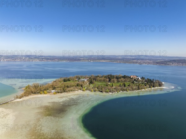 Aerial view of the island of Mainau at low tide with spring-like vegetation, district of Constance, Baden-Württemberg, Germany, Europe