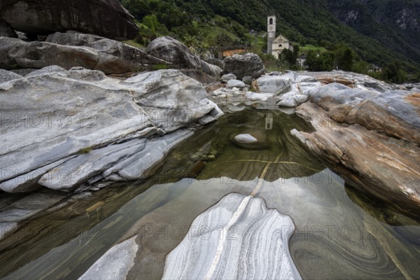 Rocks in the Verzasca River, behind Lavertezzo, Verzasca Valley, Valle Verzasca, Canton Ticino, Switzerland, Europe