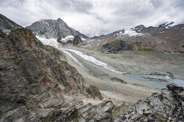 View of glacier Glacier de Cheilon and mountain peak Mont Blanc de Cheilon, at Col de Riedmatten, Valais, Western Alps Switzerland