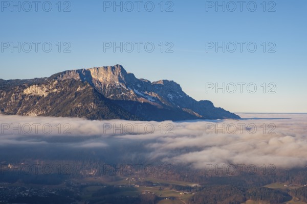 High fog cover over the valley basin of Berchtesgaden, above the Untersberg, Berchtesgaden Alps, Bischofswiesen, Berchtesgadener Land, Upper Bavaria, Bavaria, Germany, Europe