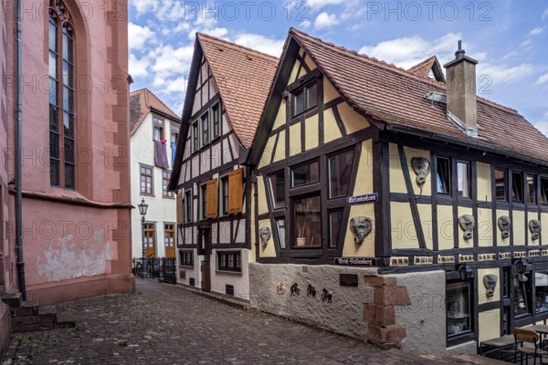 Cafe and bistro Elefantenhaus, old half-timbered house, restored by carver and sculptor Ulrich Seidenberg, historic old town, Michelstadt, Odenwald, Hesse, Germany, Europe
