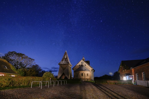 St Salvator's Old Church at night, starry sky, Klostermitteldeich, Pellworm Island, Schleswig-Holstein Wadden Sea National Park, North Frisia, Germany, Europe