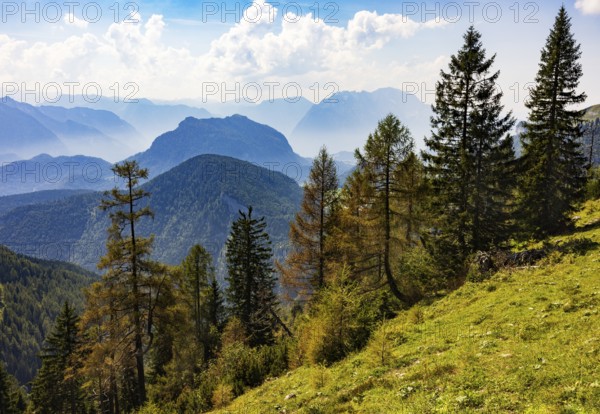 View from Hochbühel to Schwarzer Berg, Osterhorn group, Salzkammergut, Salzburg province, Austria, Europe