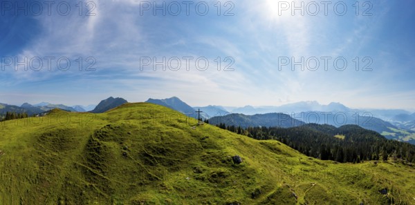 Drone image, at the summit of the Taborberg with a view of the Osterhorn group, Salzkammergut, Salzburg province, Austria, Europe