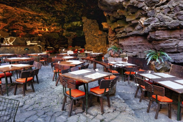 Tables in the restaurant, art and cultural centre, Jameos del Agua venue, lava tube, Lanzarote, Spain, Europe