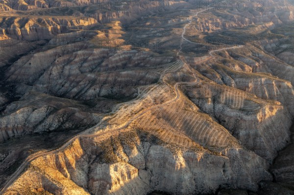Sunrise, wide hilly desert landscape with dry vegetation, Gorafe desert, semi-desert, Granada, Andalusia, Spain, Europe