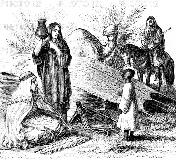 Nomadic Arabs, family with father, mother, child, traveller, camels, carpet, jug, tent, Arab clothing, travelling in Asia, Arabia, historical illustration 1887