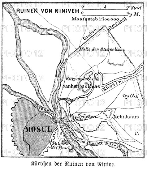Map of the ruins of Nineveh or Niniveh on the Tigris, city wall, canal, moat, Mesopotamia, Assyria, today Mosul, Iraq, scale, 100, 000, historical illustration 1880, Asia