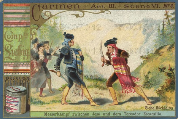 Picture series Opera Carmen, knife fight between Jose and the toreador Escamillo, Liebig picture, digitally restored reproduction of a collector's picture from ca 1900, public domain, exact date unknown, An intense sword fight between two men in the mountains