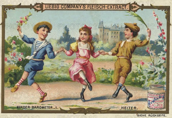 Picture series Children's barometer, 1, cheerful, happy children, Liebig picture, digitally restored reproduction of a collector's picture from around 1900, public domain, exact date unknown, happy children in colourful costumes dancing in the garden of a castle