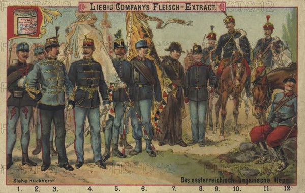 Picture series The Austro-Hungarian Army, Liebig picture, digitally restored reproduction of a collection picture from around 1900, public domain, exact date unknown, uniformed soldiers of the Austro-Hungarian army present themselves in full dress uniform