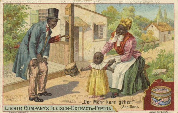 Picture series Sayings of famous poets, Schiller, the Moor can walk, Liebig picture, digitally restored reproduction of a collector's picture from around 1900, public domain, exact date unknown, A couple with a child in front of a house in traditional dress