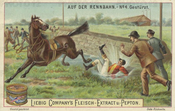 Series of pictures At the racecourse, The rider is thrown off and lands in the ditch, Liebig picture, digitally restored reproduction of a collector's picture from around 1900, public domain, exact date unknown, A jockey falls into a ditch during a race while spectators look on