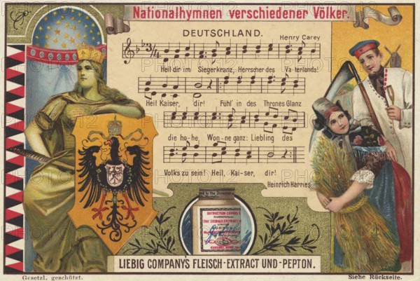 Picture series National anthems of various nations, Germany, Liebig picture, digitally restored reproduction of a collector's picture from around 1900, public domain, exact date unknown, depiction of the German national anthem with patriotic symbols and an emperor in historical garb, Europe