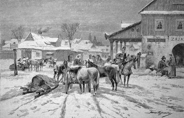 Situation in front of an inn in Eastern Galicia in winter, horses and sleighs, Poland, in 1880, Historical, digital reproduction of an original from the 19th century, Europe