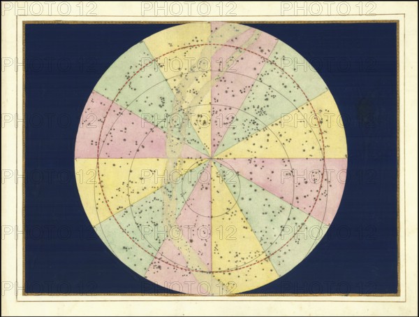 Astronomy. The celestial atlas, the Uranometria, Ptolemaic constellations, by Johann Bayer (1572 - 7 March 1625), German astronomer, Synopsis Coeli Inferioris Austrina, hemisphere, digitally enhanced reproduction of a historical model
