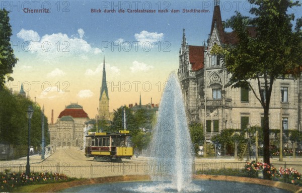 View through Carolastrasse and tramway to the municipal theatre, 1912, Chemnitz, Saxony, Germany, digitally enhanced reproduction from a historical original, c. 1900, public domain, Europe