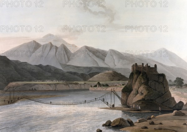 Rope bridge in the Sirinagur Mountains, Srinagar, India, ca 1880, digitally enhanced reproduction of a 19th century model, Asia