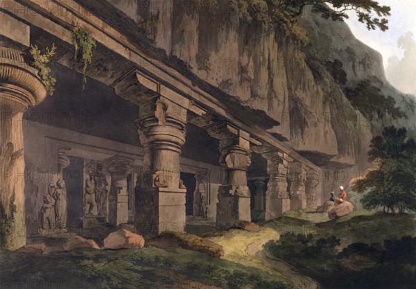 In the Ellora complex, Junwassa is one of the largest temples built in the later sixth century, India, ca 1880, digitally enhanced reproduction of a 19th-century model, Asia