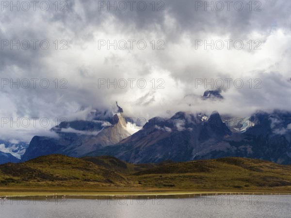Dramatic landscape, rocks, clouds, lakes, Torres del Paine National Park, Patagonia, Chile, South America