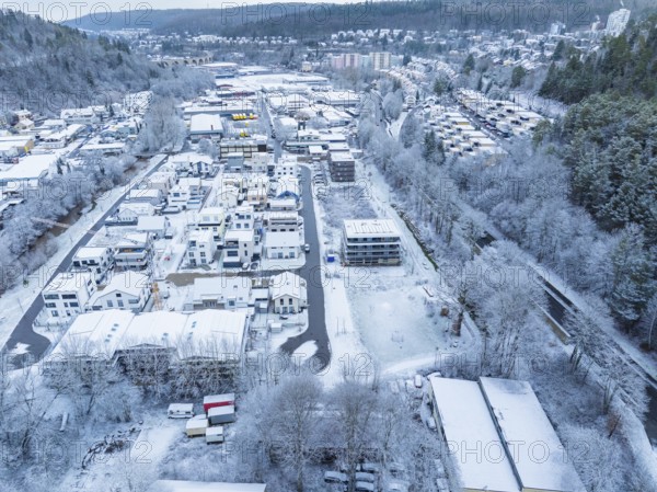 Aerial view of a snow-covered town with houses and streets in the foreground, Nagold, Black Forest, Germany, Europe
