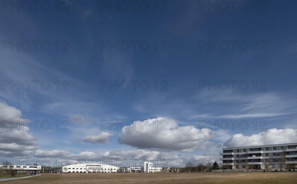 Shopping centre and new-build flats in the new Hubland district, Würzburg, Lower Franconia, Bavaria, Germany, Europe