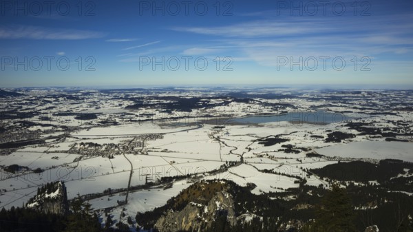 Panorama of the Tegelberg massif, lake landscape near Füssen, Ostallgäu, Allgäu, Swabia, Bavaria, Germany, Europe
