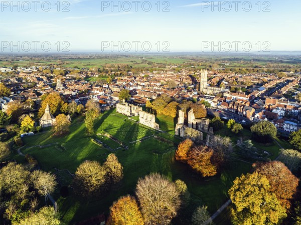 Sunrise over Glastonbury Abbey from a drone, Glastonbury, Somerset, England, United Kingdom, Europe