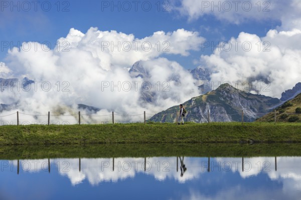 Artificial lake, Riezler Alpsee, snow pond, at the mountain station of the Kanzelwand cable car, panoramic view of the eastern Allgäu Alps, Allgäu, Bavaria, Germany, Europe
